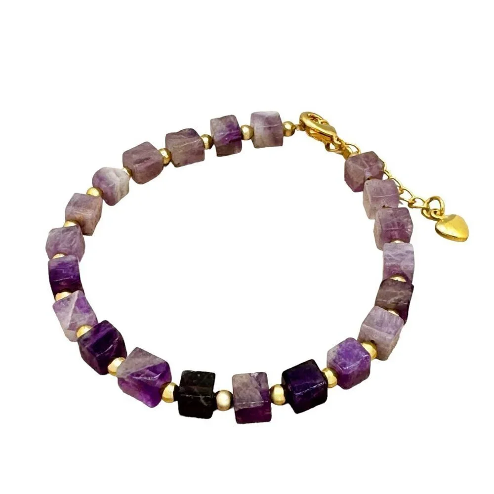 NWT Amethyst Beaded Bracelet 18K Gold Plated Geometric Purple 6.5”
